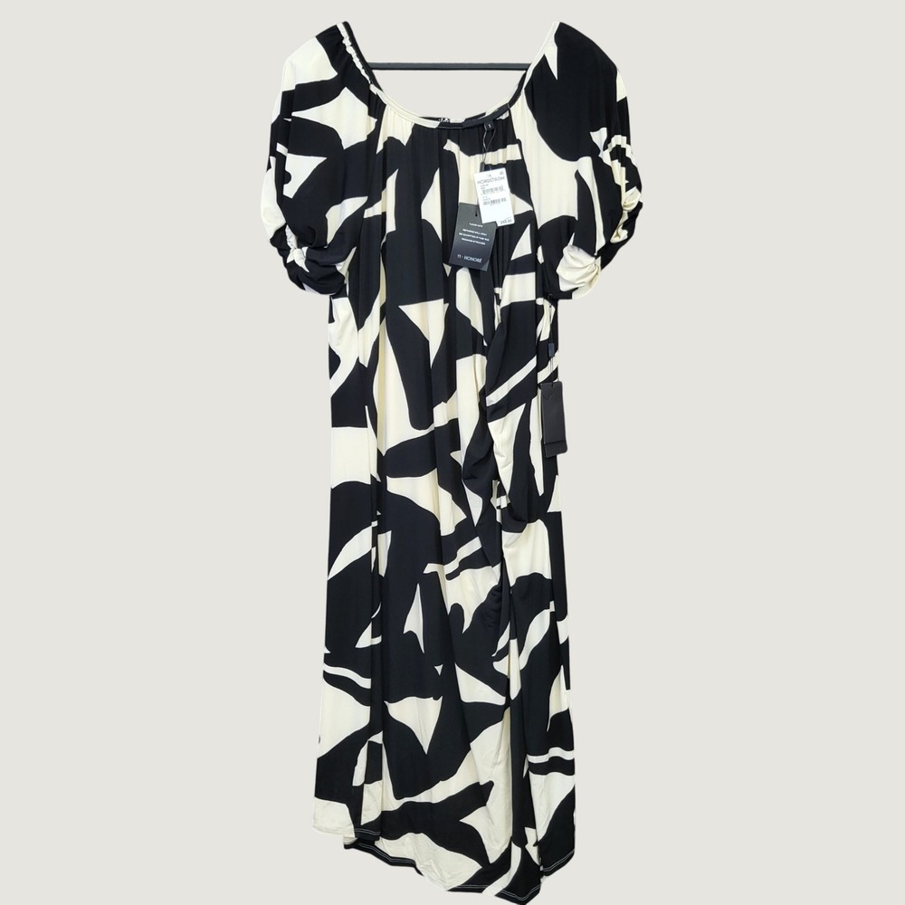 11 Honore Midi Dress Womens 3 Plus Black NWT Geometric Puff Sleeve Modernist
